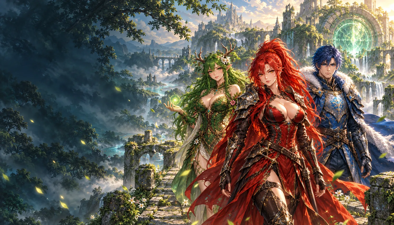 Aria, Sylva and Kael overlooking the ancient gates of Viridia