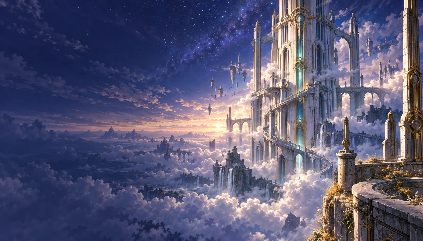 The Spire rising through clouds into a star-filled sky